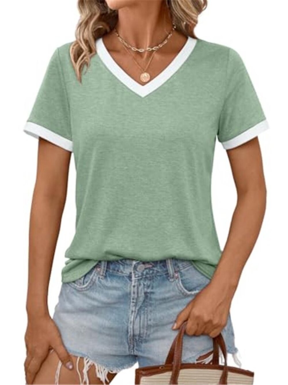 Womens Green V Neck Short Sleeve Tee Summer Casual Soft Stretch Tunic Top